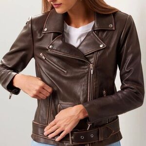 Veda Distressed Faded Brown Leather Jacket
